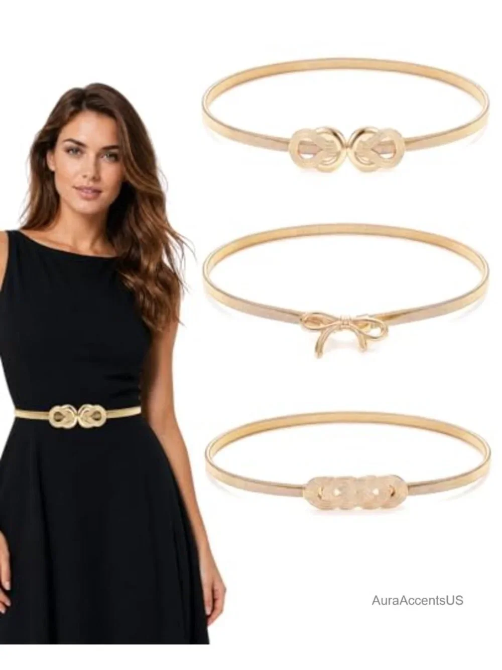 3pk Gold Metal Stretch Belt for Dresses, Thin Elastic Waist Belt